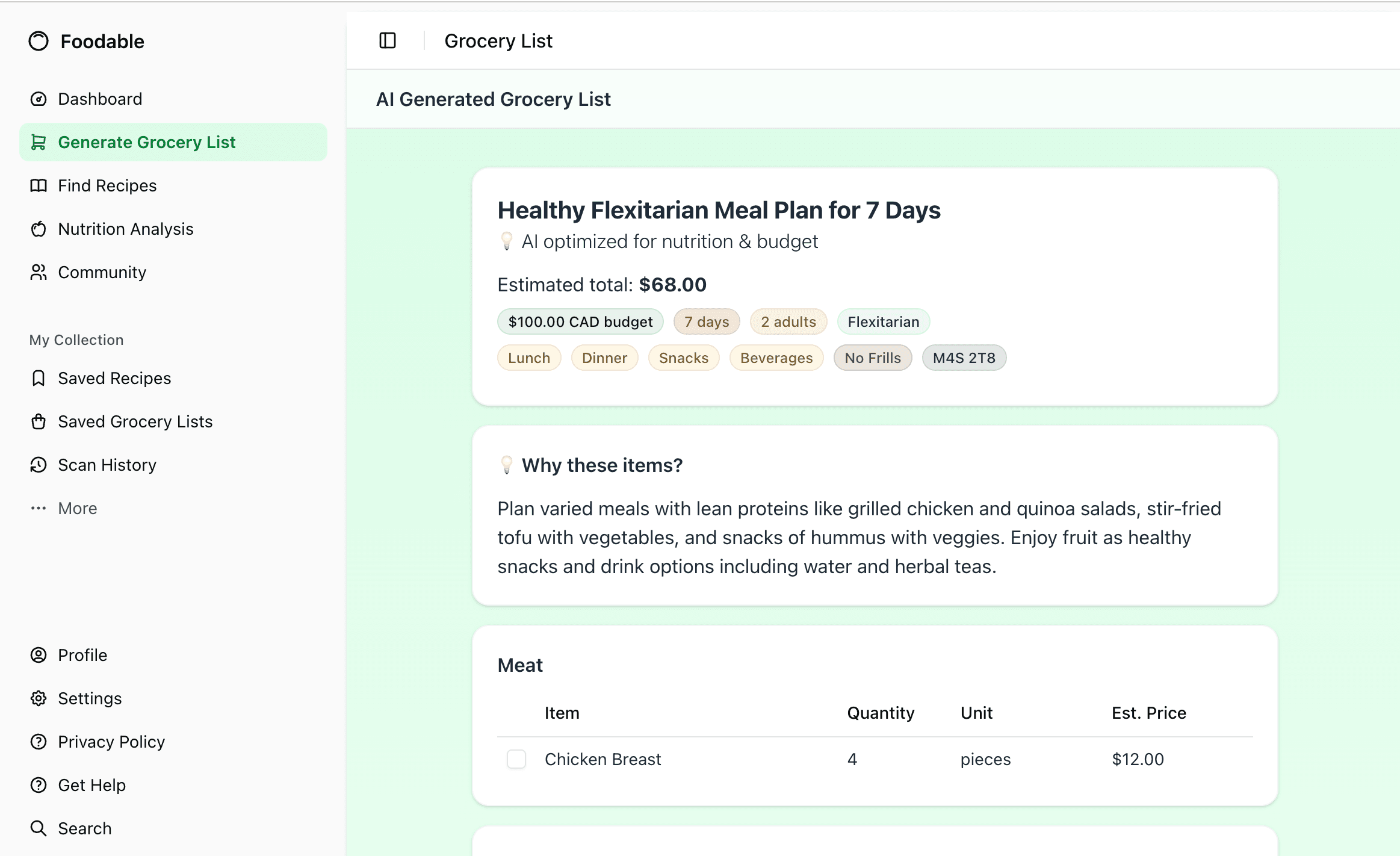 Foodable AI-generated grocery list UI